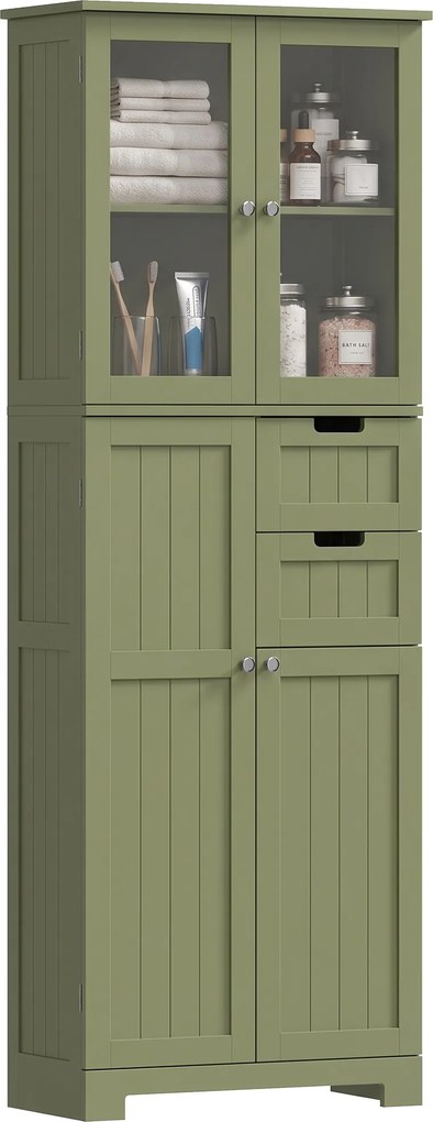 Armário alto de arrumação, 60 (L) x 30 (P) x 170 (A) cm com portas de vidro e prateleiras ajustáveis, para casa de banho, cozinha e sala de estar, ver