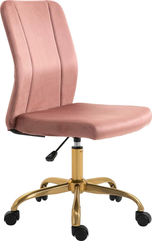 Cadeira de escritório giratória a 360°, ergonómica, encosto curvo, altura ajustável, revestimento em veludo, 56 x 60 x 102 cm, rosa e dourado