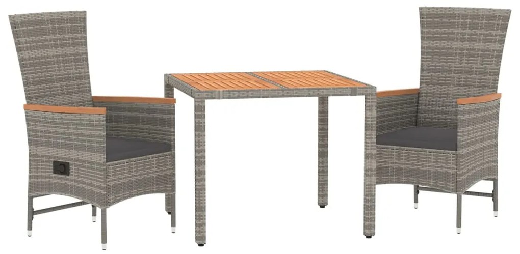3 pcs conjunto de jantar p/ jardim c/ almofadões vime PE cinza