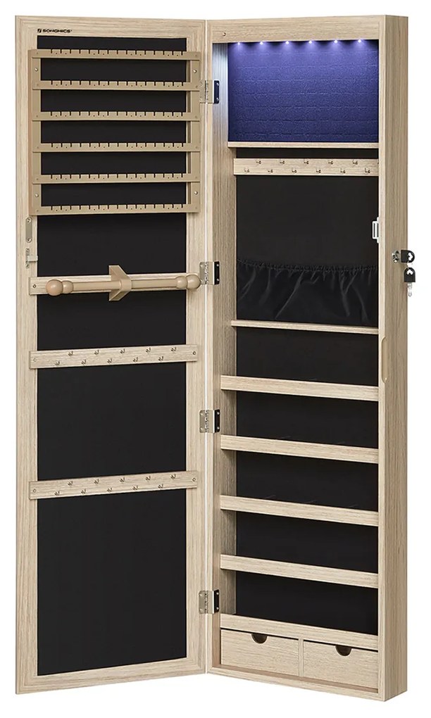 SONGMICS Armário de joias suspenso com espelho e fechadura, com espelho e vários compartimentos, montado na parede na porta para colares, brincos, carvalho JJC093M01