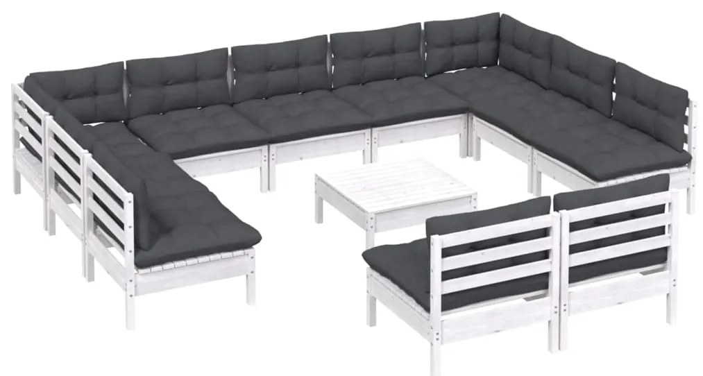 12 pcs conj. lounge de jardim c/ almofadões pinho maciço branco