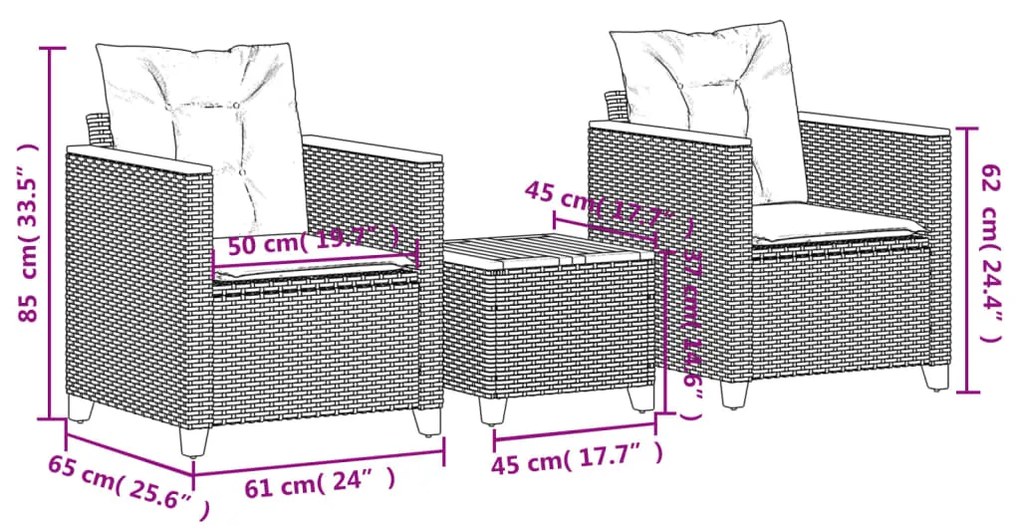 Conjunto de bistrô com almofadões 3 pcs vime PE e acácia bege