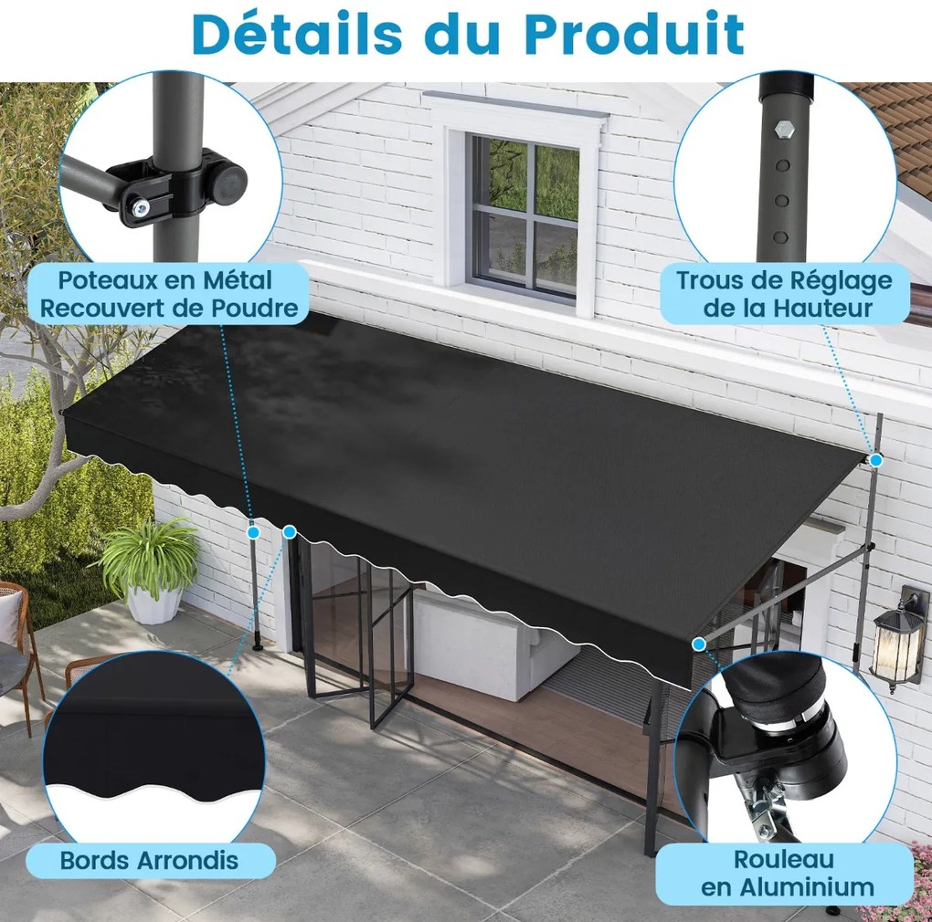 Toldo retrátil manual com manivela, cobertura externa ajustável em altura 400 x 300 cm branco