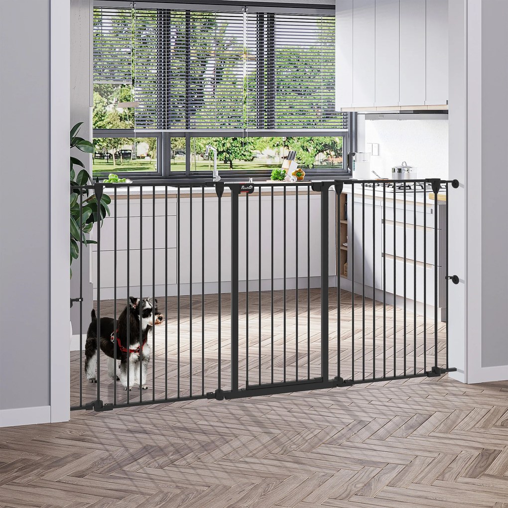 Barreira para Cães de Aço Barreira de Segurança para Animais de Estimação Dobrável de 3 Painéis Duplo Fechamento 206x90 cm Preto