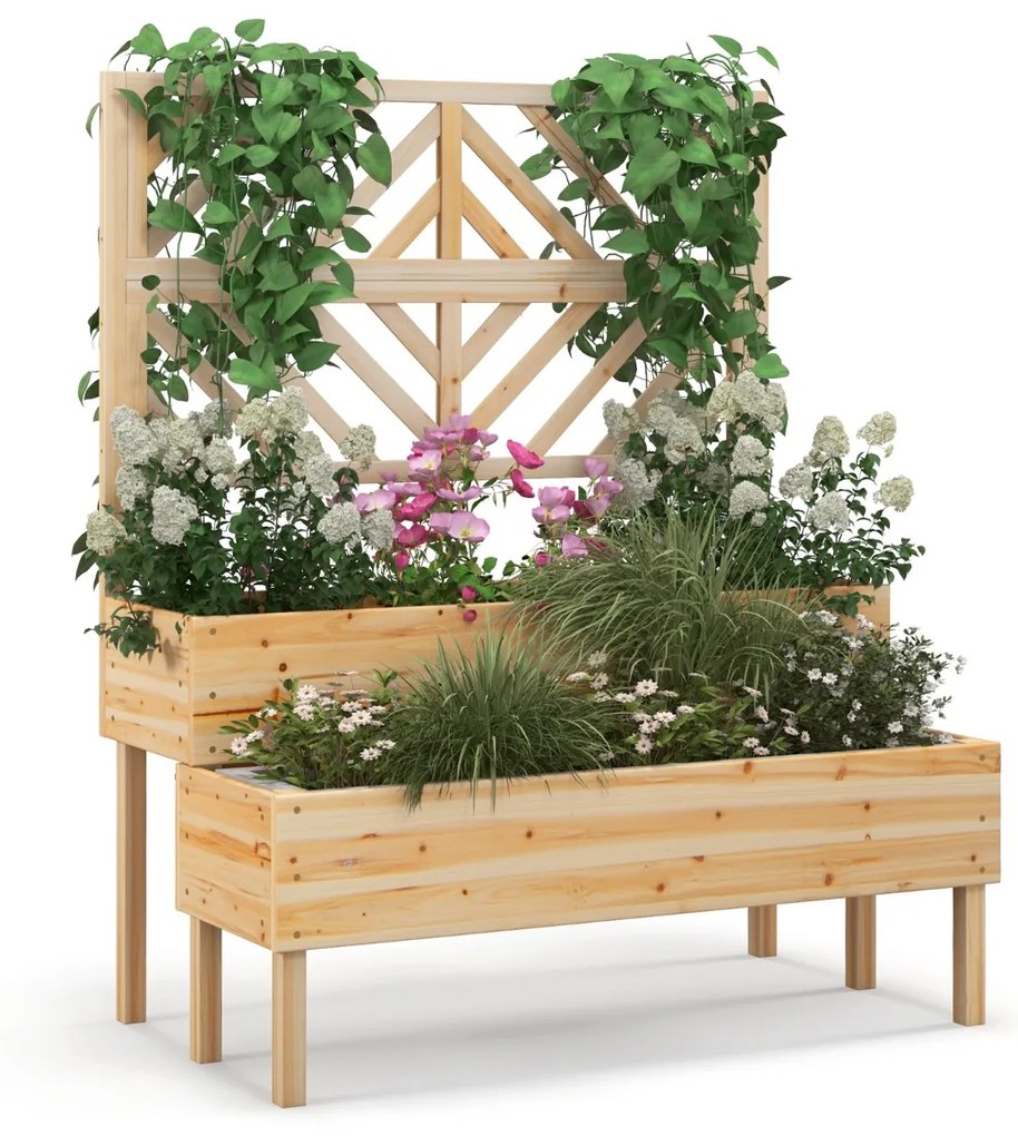 Floreira jardim com treliça de 2 níveis Caixa de cultivo com pernas para jardim 109 x 62 x 135 cm Natural