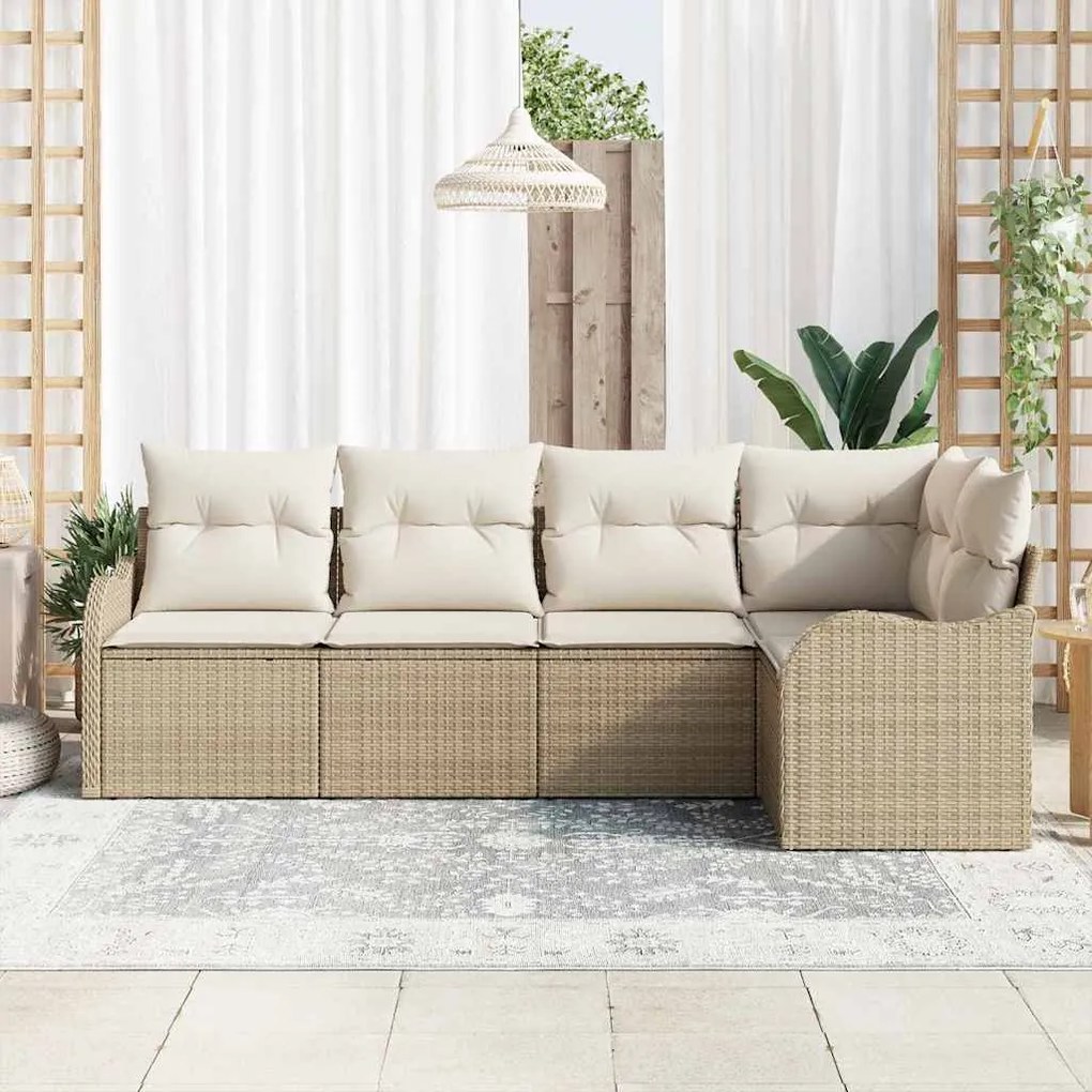 Conjunto de Sofá de Jardim 5 Peças com Almofadas beje, Rattan Poliprop