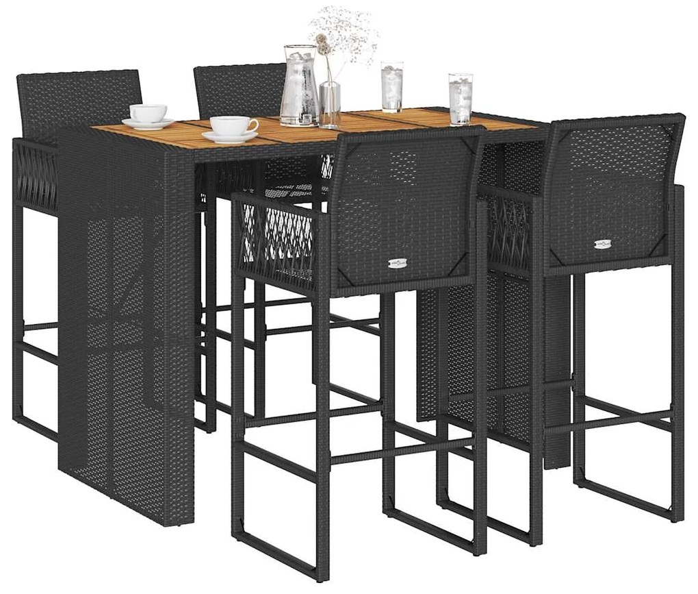 5 pcs conj. de bar jardim sem almofadões vime PE/acácia preto