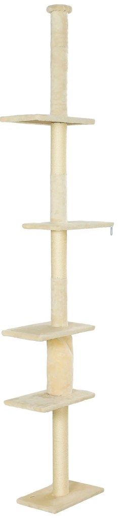 PawHut Arranhador para Gatos do Chão ao Teto 225-275 cm Torre para Gatos com Múltiplas Plataformas Sistema Anti-Tombo Creme