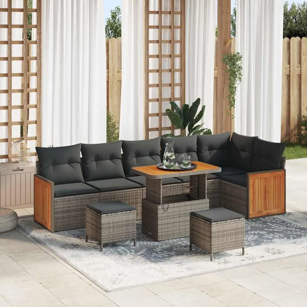 Conjunto de Sofá de Jardim vidaXL 9 Peças com Almofadas Cinza Rattan A