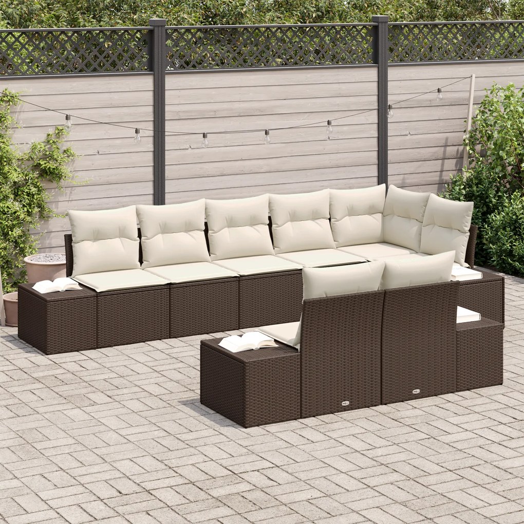Conjunto de Sofá de Jardim de 8 Peças com Almofadas Castanho Vime Poli