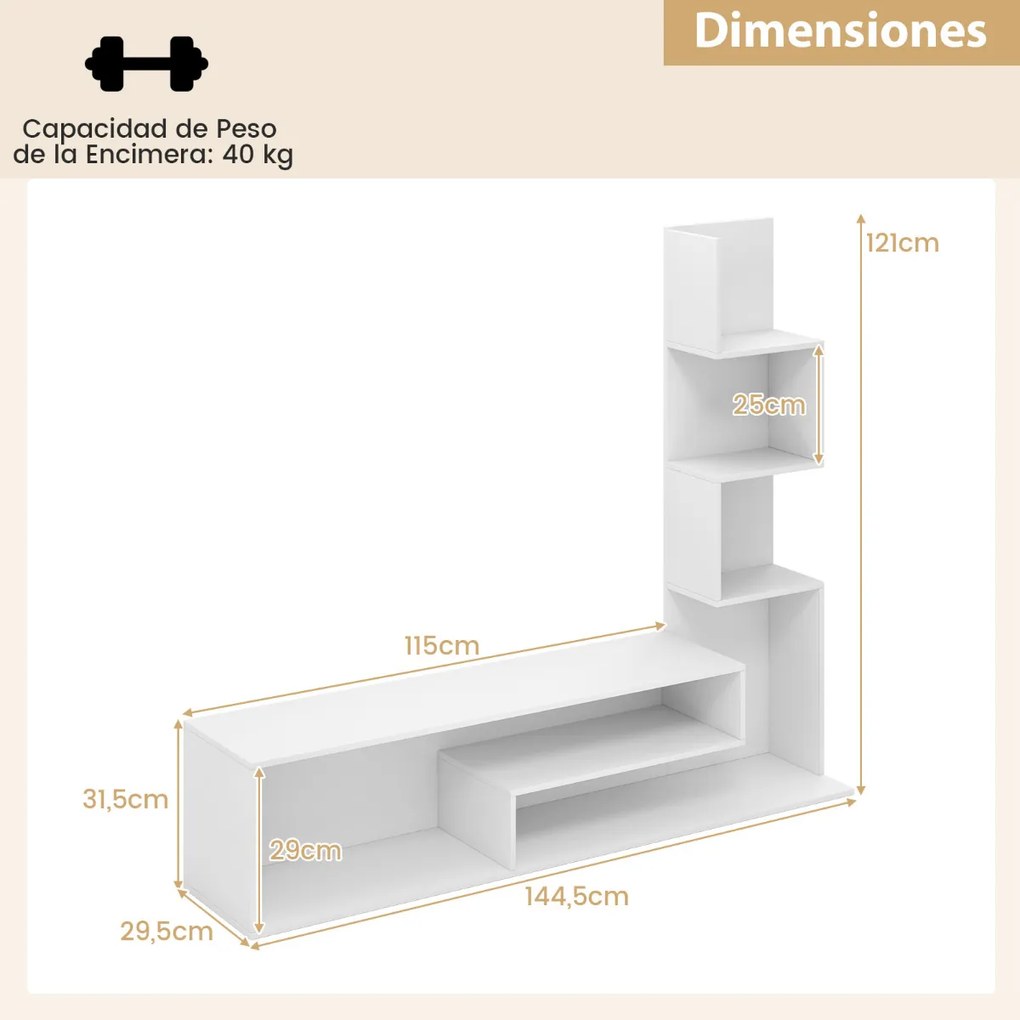 Móvel de TV 144,5 x 29,5 x 121 cm com cubos para TVs até 50” Mesa de consola com Estantes em L e compartimentos abertos para sala de estar Branca