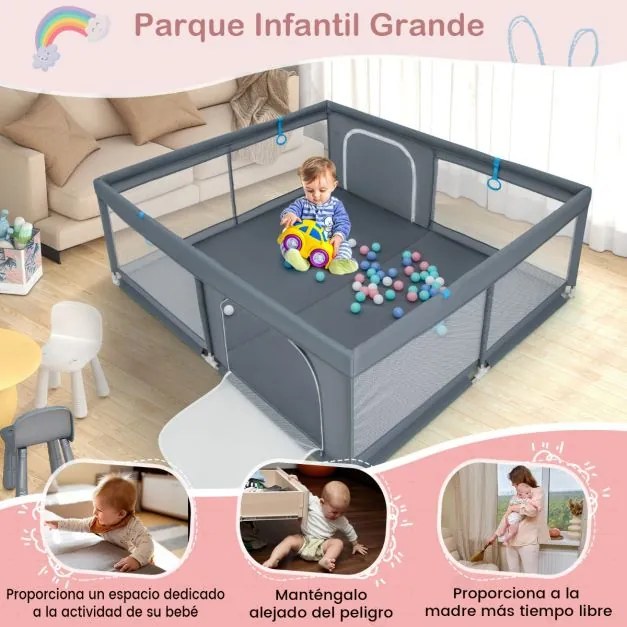 Parque infantil com malha respirável e bolas macias Base antiderrapante 200 x 180 x 68 cm-Cinza