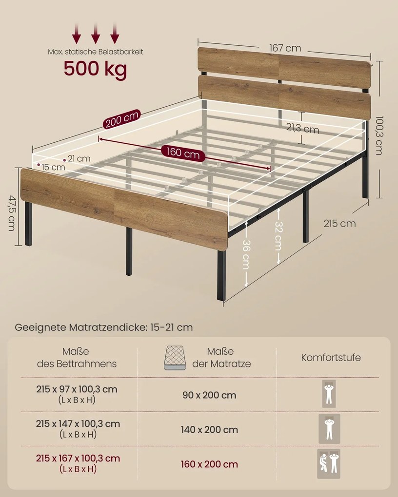 Estrutura de cama de casal 160 x 200 cm com iluminação (COLCHÃO NÃO INCLUIDO), castanho natural