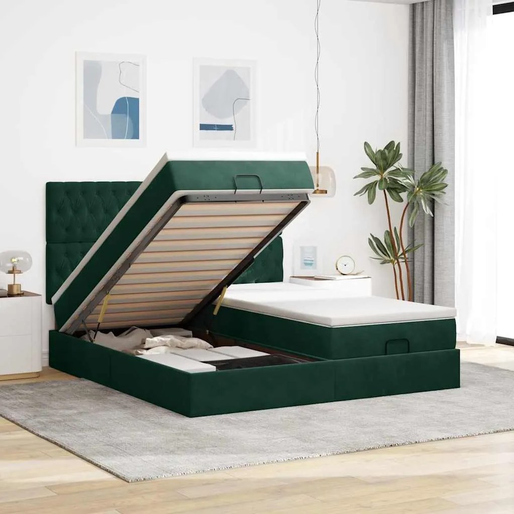 vidaXL Estrutura de cama otomana com colchão verde escuro veludo