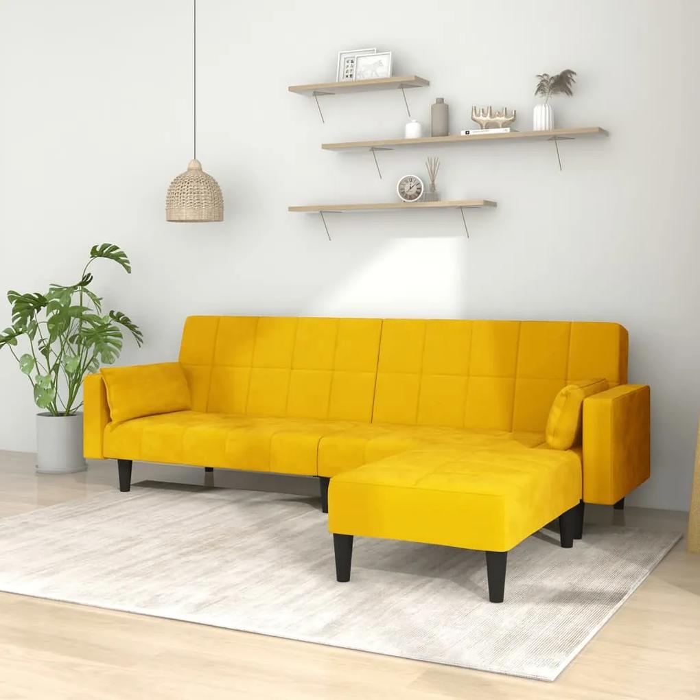 Sofá-cama 2 lug. c/ 2 almofadas e apoio de pés veludo amarelo