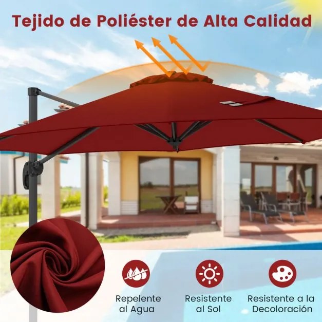 Guarda-sol redondo jardim 294 x 247 cm Guarda-sol suspenso com rotação de 360° Base cruzada 5 inclinações ajustáveis Cor de vinho