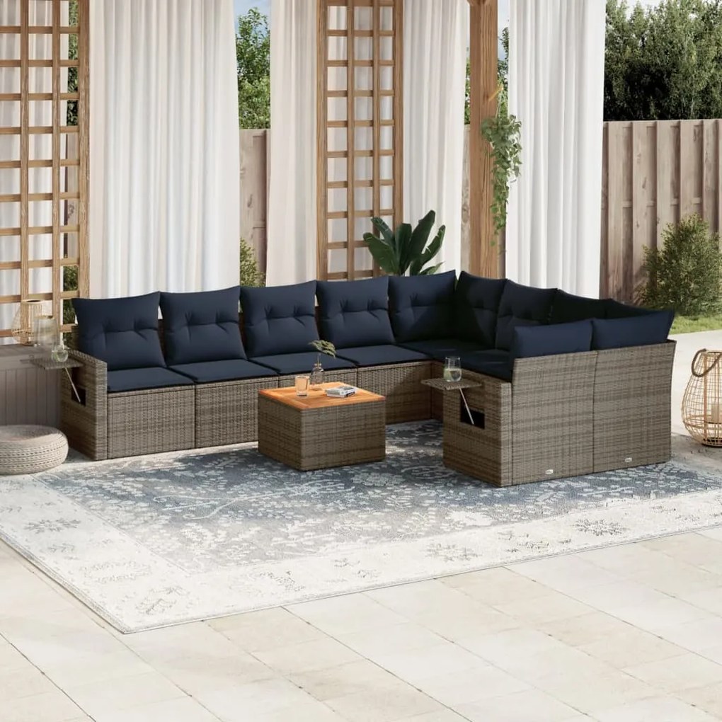 vidaXL 10 pcs conjunto sofás p/ jardim c/ almofadões vime PE cinzento