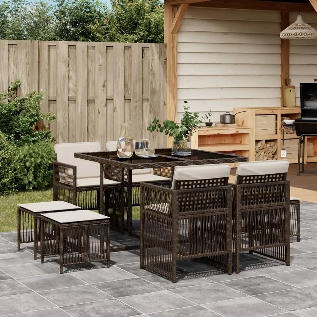 9 pcs conjunto jantar p/ jardim c/ almofadões vime PE castanho