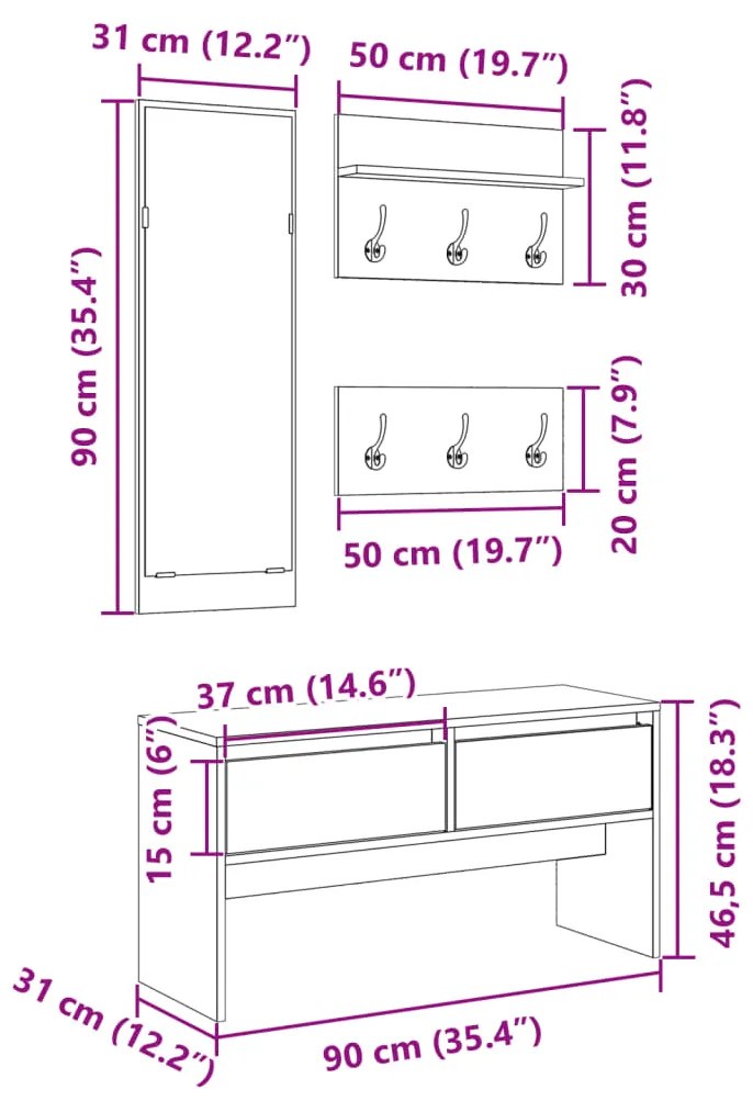 4 pcs conj. móveis de corredor derivados madeira cinza sonoma