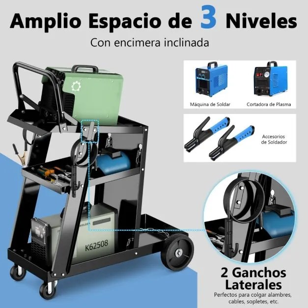 Carrinho de soldagem de 3 níveis 70 x 38 x 87 cm  (MAQUINA NÃO INCLUIDA) com 2 correntes de segurança, rodas giratórias, 2 ganchos laterais e capacida