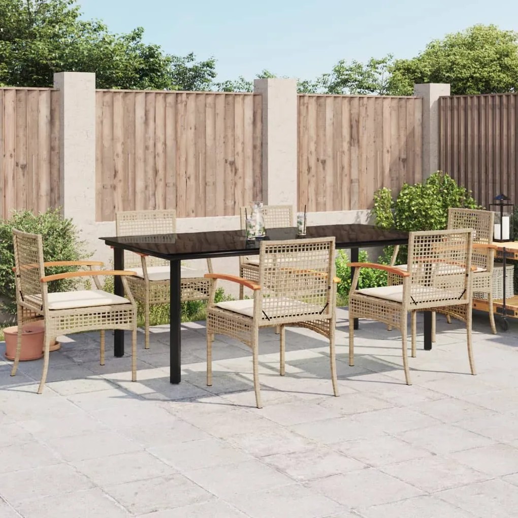 7 pcs conjunto de jantar p/ jardim com almofadões vime PE bege