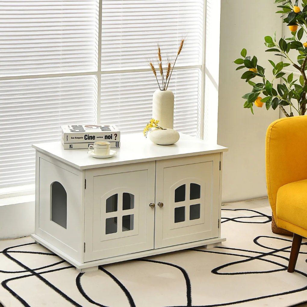 Caixa de areia para gatos com portas e janelas duplas 81 x 53 x 53 x 49 cm Branco