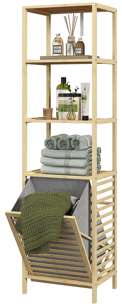 Estante de Casa de Banho em Bambu com 3 Prateleiras e 1 Cesto para Roupa Suja Removível 44x33x160 cm Natural