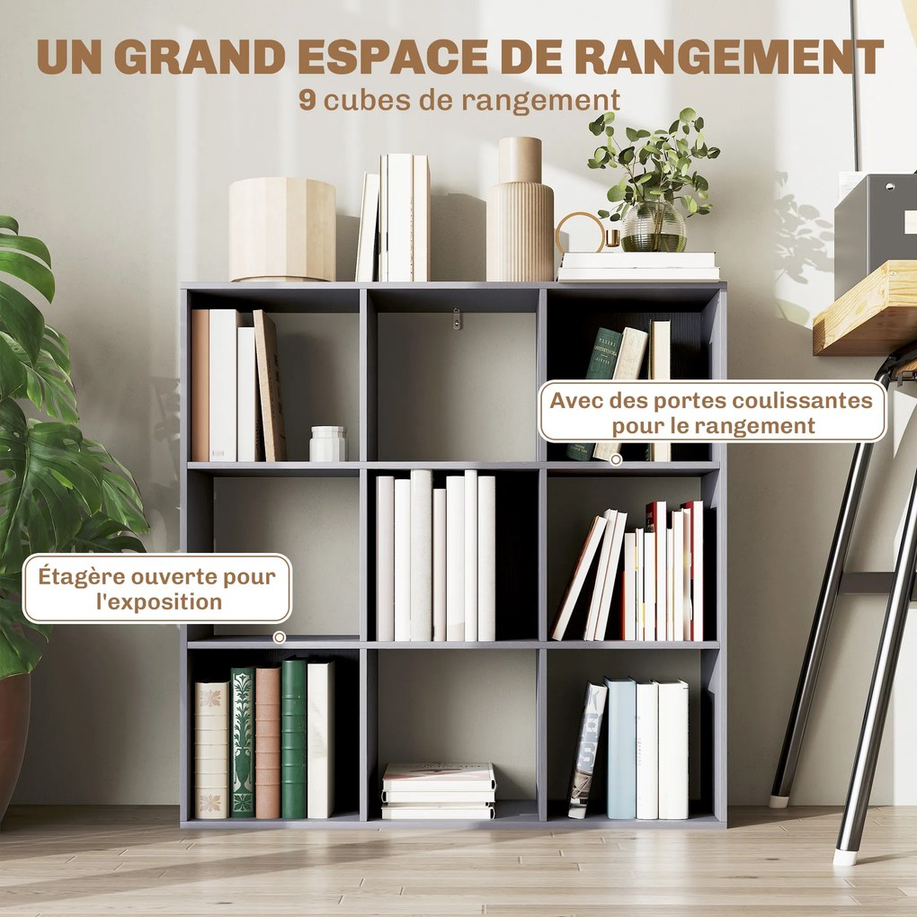 Estante de 3 níveis com 9 compartimentos 91 x 29,5 x 91 cm, para sala de estar, escritório ou quarto, cinzenta