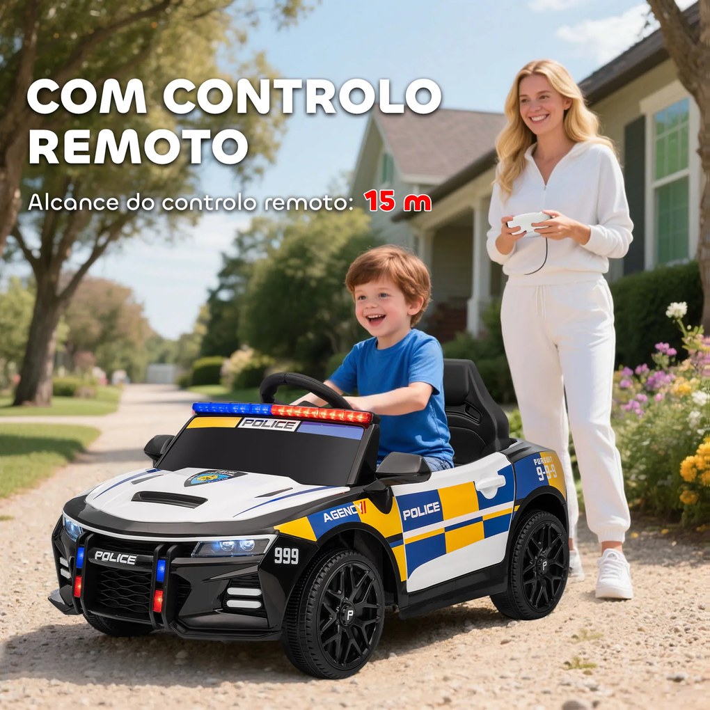 Carro Elétrico Infantil Modelo Policia 12V com Comando a Distância 2,4 Luzes Sirene Música USB e Suspensão 96x60x45 cm Multicor