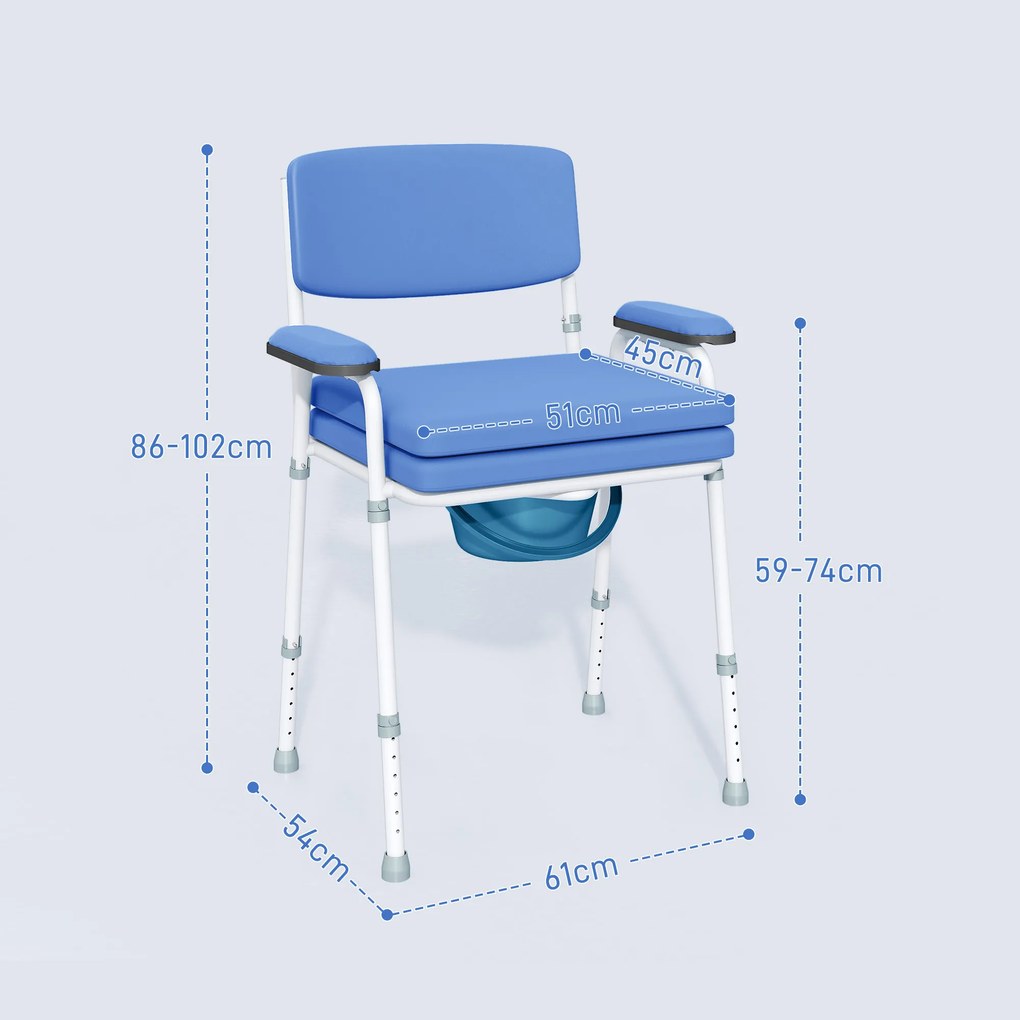Cadeira sanitária multifunções com balde amovível, altura ajustável, com encosto, assento e braços almofadados, azul