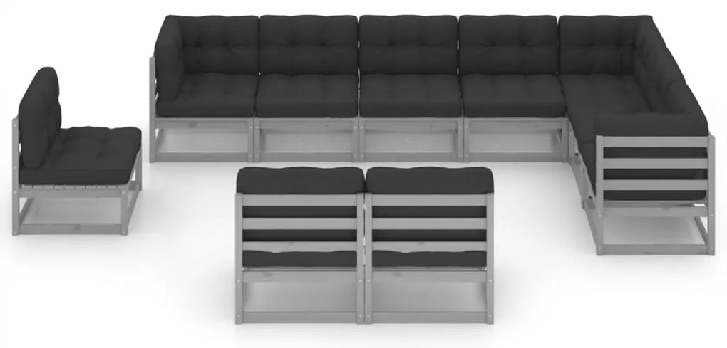 10pcs conjunto lounge de jardim + almofadões pinho maciço cinza