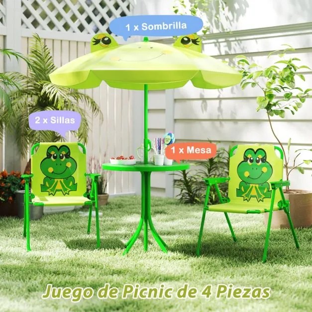 Conjunto de piquenique para Crianças 3-6 anos Mesa de atividades ao ar livre com 2 cadeiras dobráveis e guarda-sol ajustável em altura Verde claro