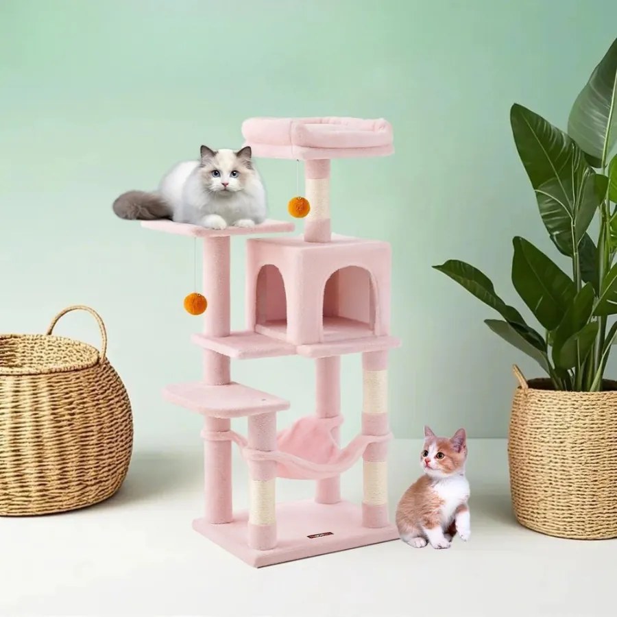 Arranhador para gatos com vários andares, com caverna, rede e 4 troncos para arranhar 45 x 35 x 112 cm rosa
