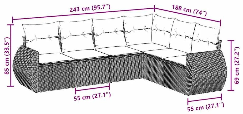 6 pcs conjunto sofás de jardim c/ almofadões vime PE preto