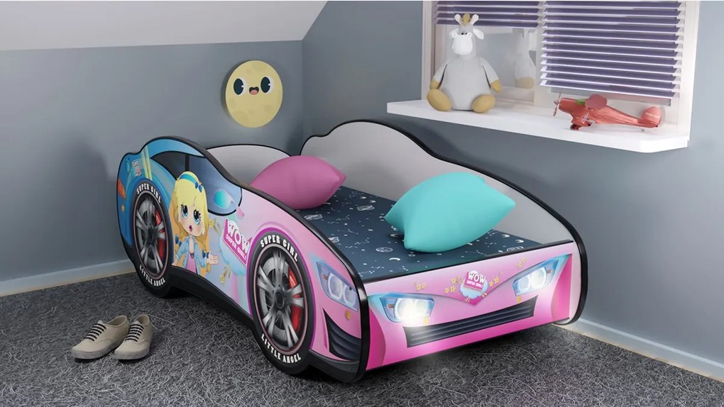 CAMA INFANTIL MENINA  C/ LEDS E OFERTA COLCHÃO ESPUMA Racing Car Girl 140 x 70 - BLANCA ROSA