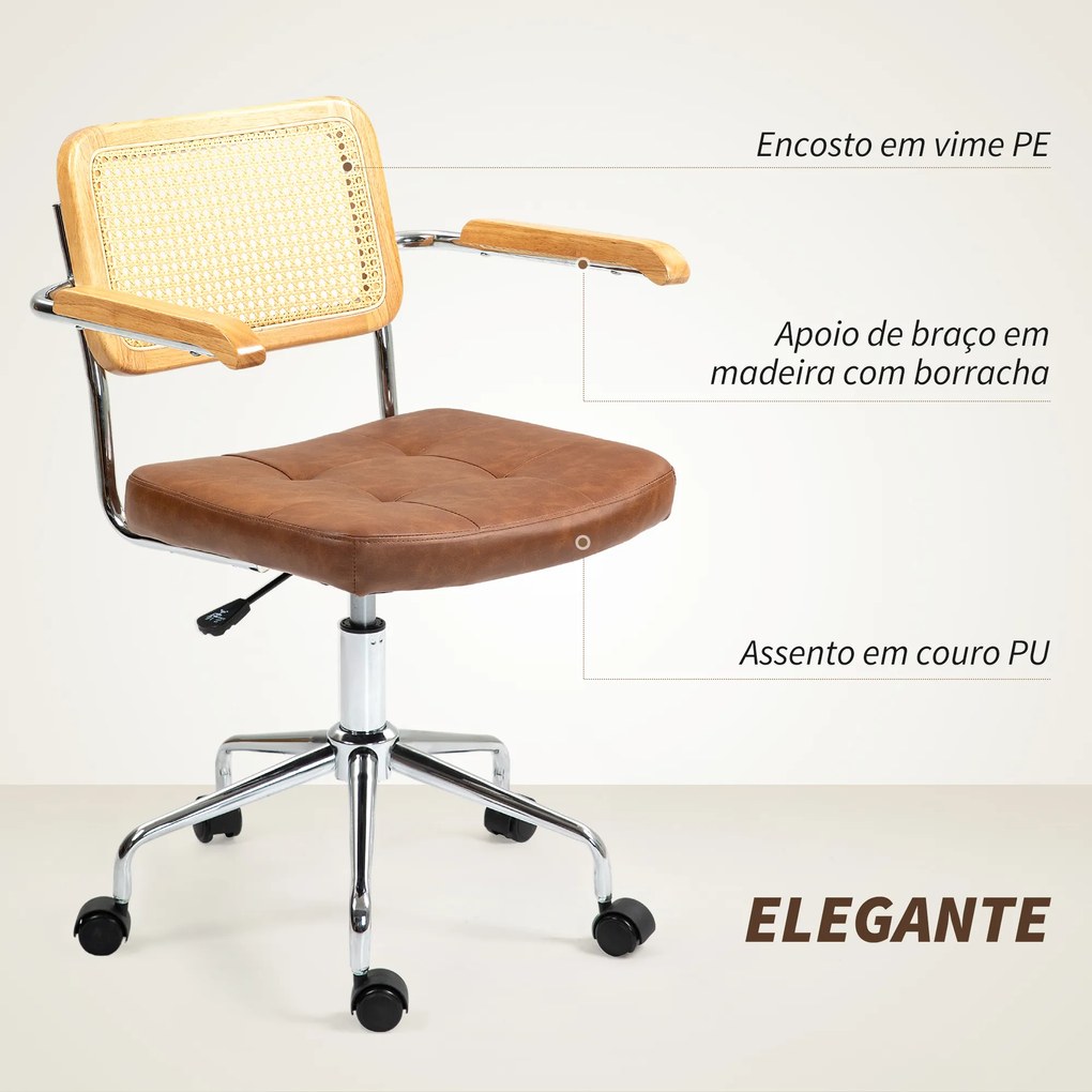 Cadeira de Escritório Giratória com Altura Ajustável Função Basculante e Encosto de Vime Sintético 60x55,5x82-90 cm Castanho