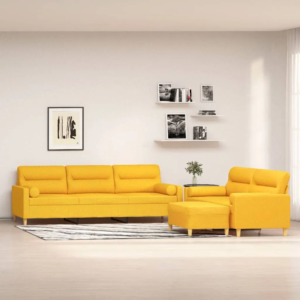 vidaXL 3 pcs conjunto de sofás c/ almofadões tecido amarelo-claro