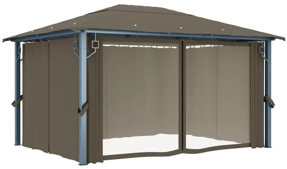 Gazebo c/ cortinas e cordões luzes LED 4x3 m alumínio cinza-ac.