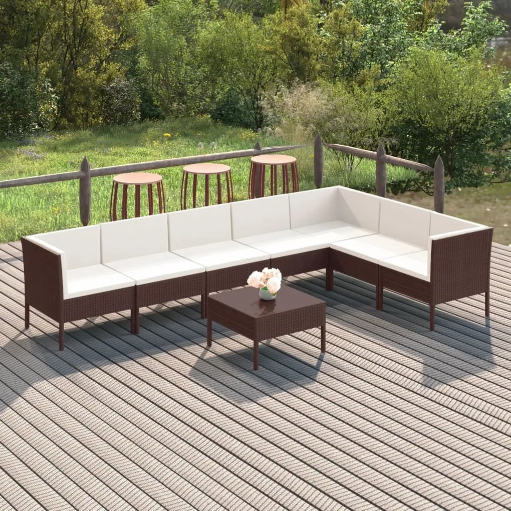 vidaXL 8 pcs conjunto lounge jardim c/ almofadões vime PE castanho