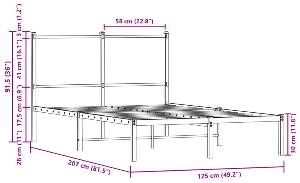 Estrutura cama com cabeceira 120x200cm metal carvalho castanho