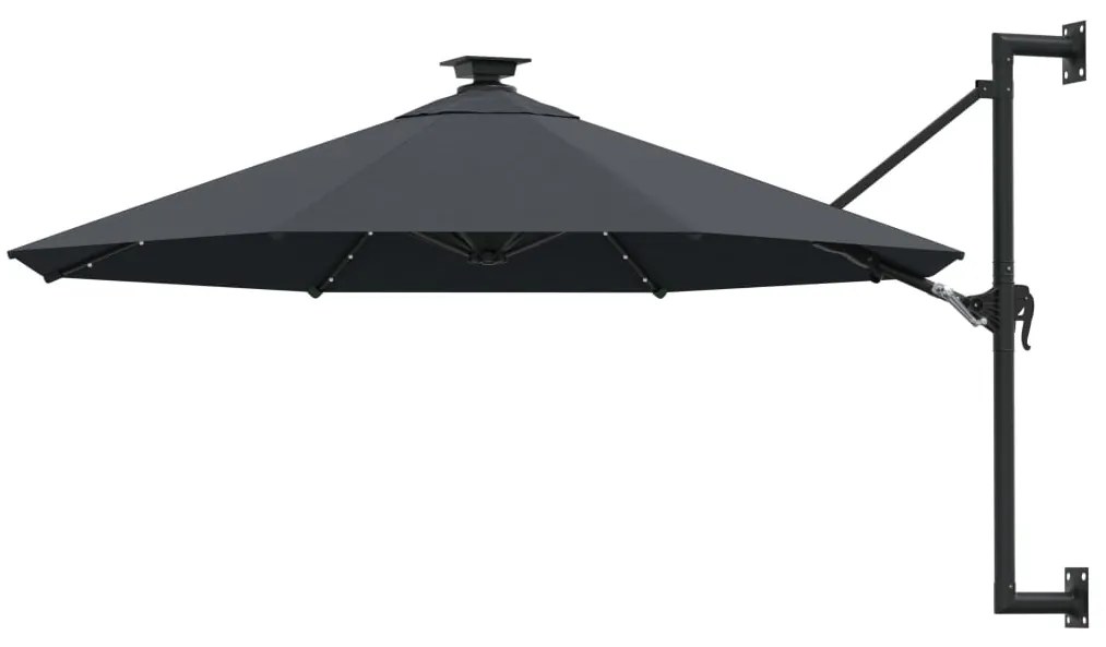 312524 vidaXL Guarda-sol parede c/ luzes LED e poste metálico 300cm antracite