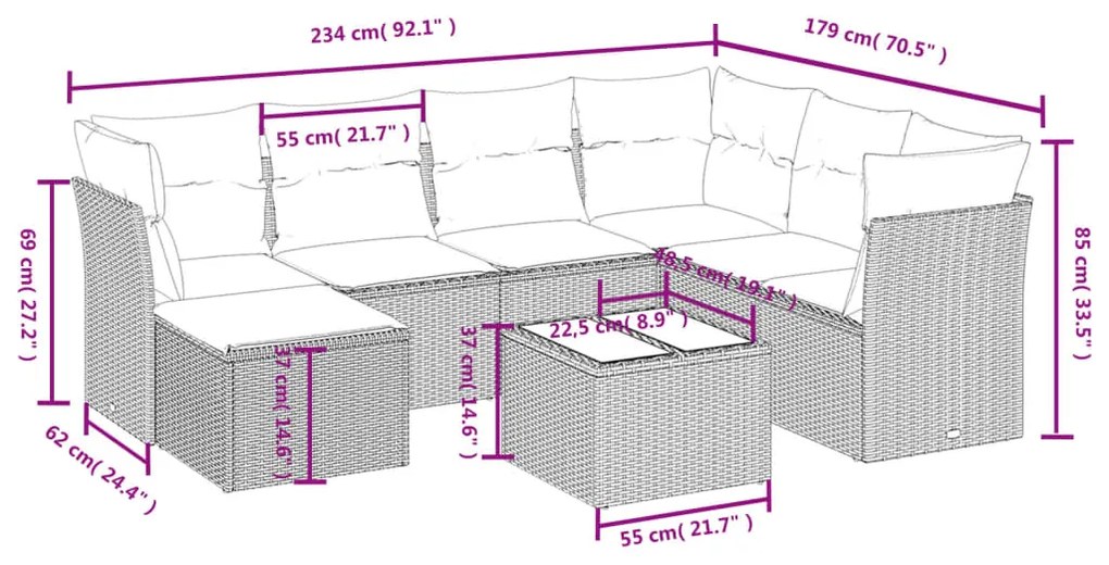 8 pcs conjunto sofás de jardim com almofadões vime PE preto