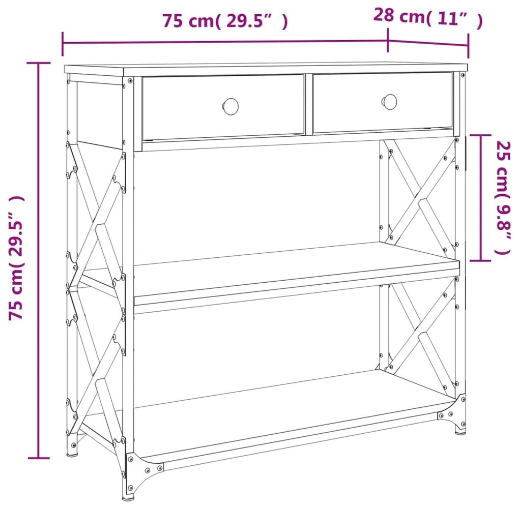 Mesa consola 75x28x75 cm derivados madeira carvalho castanho