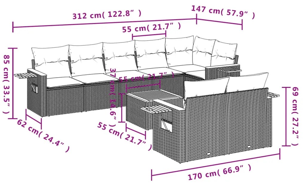 9 pcs conjunto de sofás p/ jardim c/ almofadões vime PE preto
