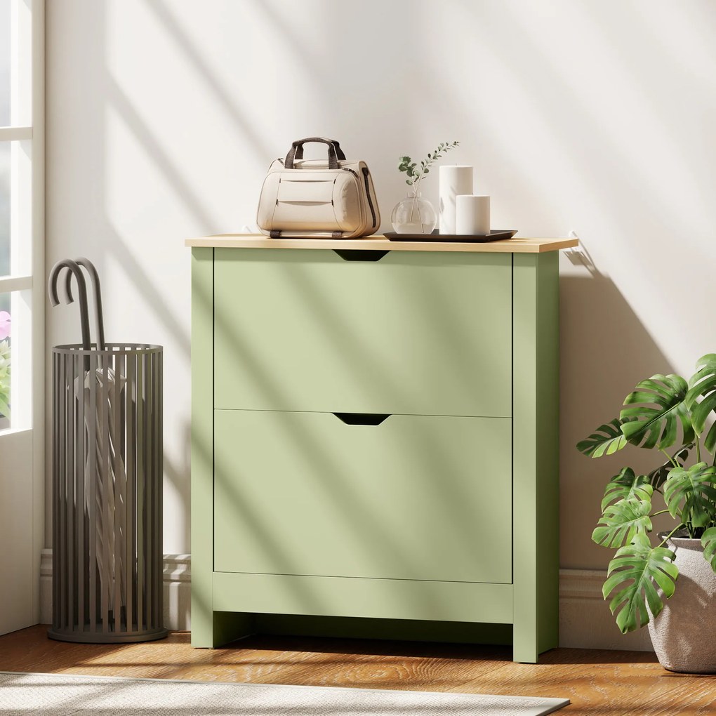 Sapateira com capacidade para 12 pares 72 L x 26 P x 80 A cm, armário estreito com 2 gavetas rebatíveis e prateleiras ajustáveis, verde