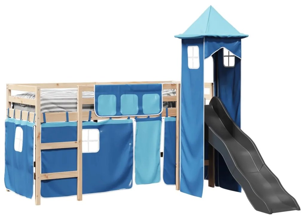 Cama alta para criança com torre 80x200 cm pinho maciço azul