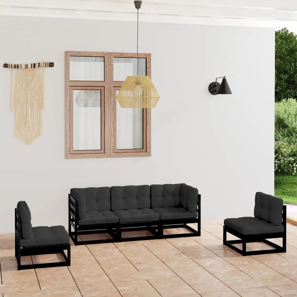 vidaXL 5 pcs conjunto longue de jardim c/ almofadões pinho maciço