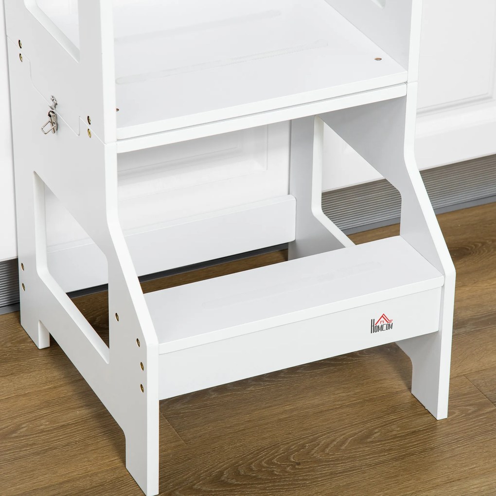 HOMCOM Torre de Aprendizagem para Crianças 3-6 Anos de Madeira Torre de Aprendizagem Infantil Convertível em Secretária com Ardósia e Barra de Segurança para Casa de Banho Cozinha 42x44x86cm Branco