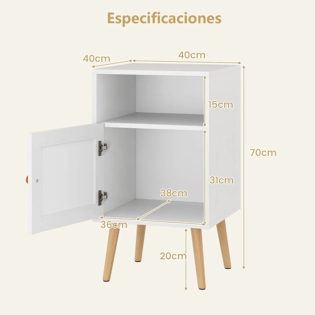 Mesa cabeçeira ou mesa Apoio com Estante Aberta e Porta Decorada em Rattan PE para Quarto Sala de Estar 40 x 39 x 70 cm Branco