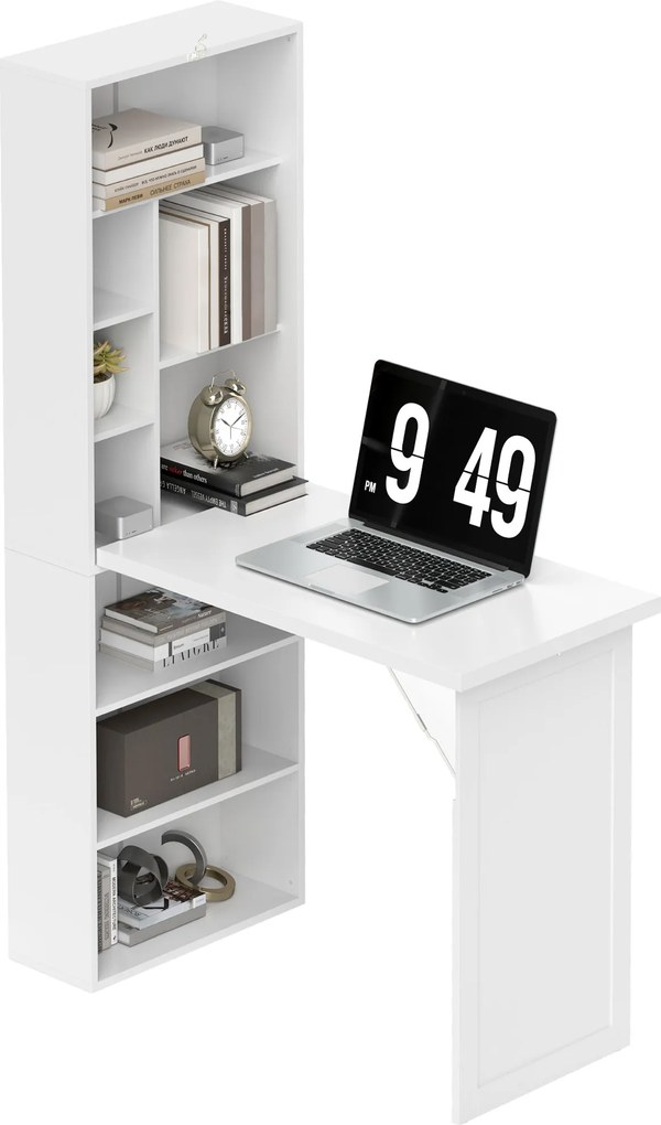 Secretária dobrável para computador com estante, posto de trabalho, quadro branco e prateleira ajustável, 98x51x153 cm, branca